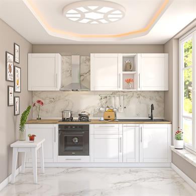 Dekorex Pia Beyaz Serisi 270 Cm Beyaz Fırın Modüllü Meşe Tezgahlı Hazır Mutfak PB-270dav-mt