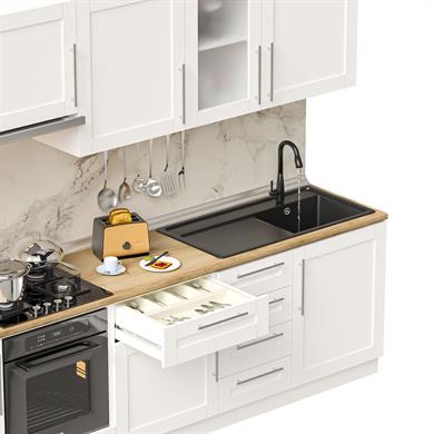 Dekorex Pia Beyaz Serisi 285 Cm Beyaz Aspiratör Ve Fırın Modüllü Meşe Tezgahlı Hazır Mutfak PB-285asp-mt