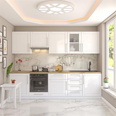 Dekorex Pia Beyaz Serisi 285 Cm Beyaz Aspiratör Ve Fırın Modüllü Meşe Tezgahlı Hazır Mutfak PB-285asp-mt