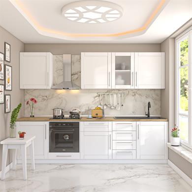 Dekorex Pia Beyaz Serisi 285 Cm Beyaz Fırın Modüllü Meşe Tezgahlı Hazır Mutfak PB-285dav-mt