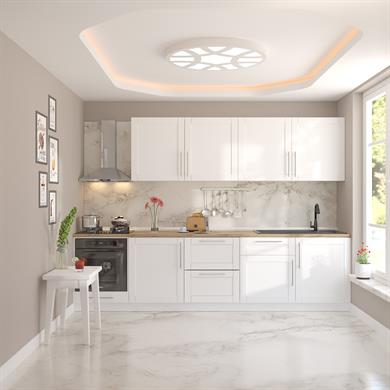 Dekorex Pia Beyaz Serisi 300 Cm Beyaz Fırın Ve Çekmece Modüllü Meşe Tezgahlı Hazır Mutfak PB-300dav-c-mt