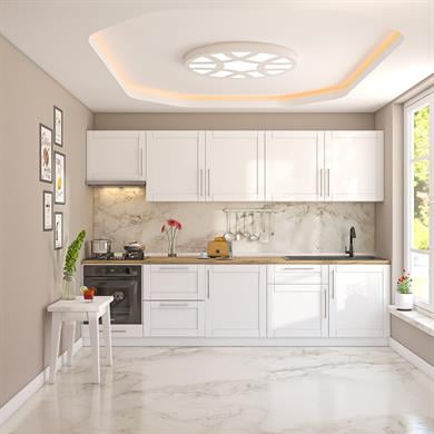 Dekorex Pia Beyaz Serisi 300 Cm Beyaz Aspiratör Fırın Ve Çekmece Modüllü Meşe Tezgahlı Hazır Mutfak PB-300asp-c-mt