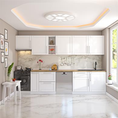 Dekorex Pia Beyaz Serisi 330 Cm Aspiratör Ve Çekmece Modüllü Meşe Tezgahlı Hazır Mutfak Pb-330asp-bc-mt