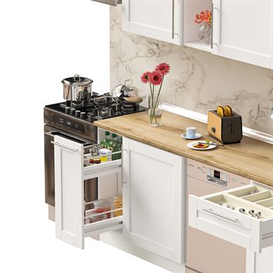 Dekorex Pia Beyaz Serisi 330 Cm Aspiratör Ve Çekmece Modüllü Meşe Tezgahlı Hazır Mutfak Pb-330asp-bc-mt