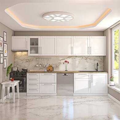 Dekorex Pia Beyaz Serisi 345 Cm Aspiratör Ve Çekmece Modüllü Meşe Tezgahlı Hazır Mutfak Pb-345asp-bc-mt