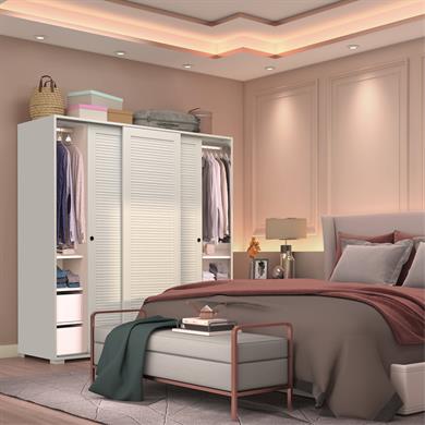 Dekorex SRG220-2-Beyaz Panjur Kapaklı 2 Çekmeceli Sürgülü Gardırop