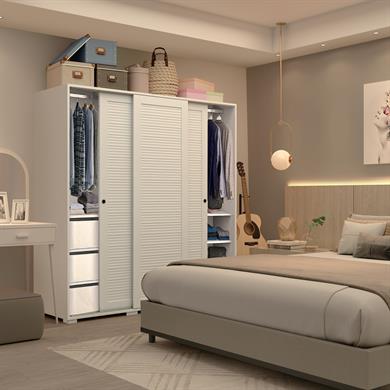 Dekorex SRG220-3-Beyaz Panjur Kapaklı 3 Çekmeceli Sürgülü Gardırop