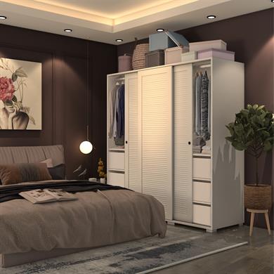 Dekorex SRG220-6-Beyaz Panjur Kapaklı 6 Çekmeceli Sürgülü Gardırop