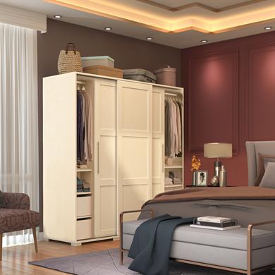 Dekorex SRG231-2-Beyaz 3 Kapaklı 2 Çekmeceli Sürgülü Gardırop