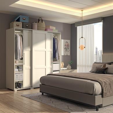 Dekorex SRG231-3-Beyaz 3 Kapaklı 3 Çekmeceli Sürgülü Gardırop