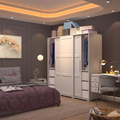 Dekorex SRG231-6-Beyaz 3 Kapaklı 6 Çekmeceli Sürgülü Gardırop