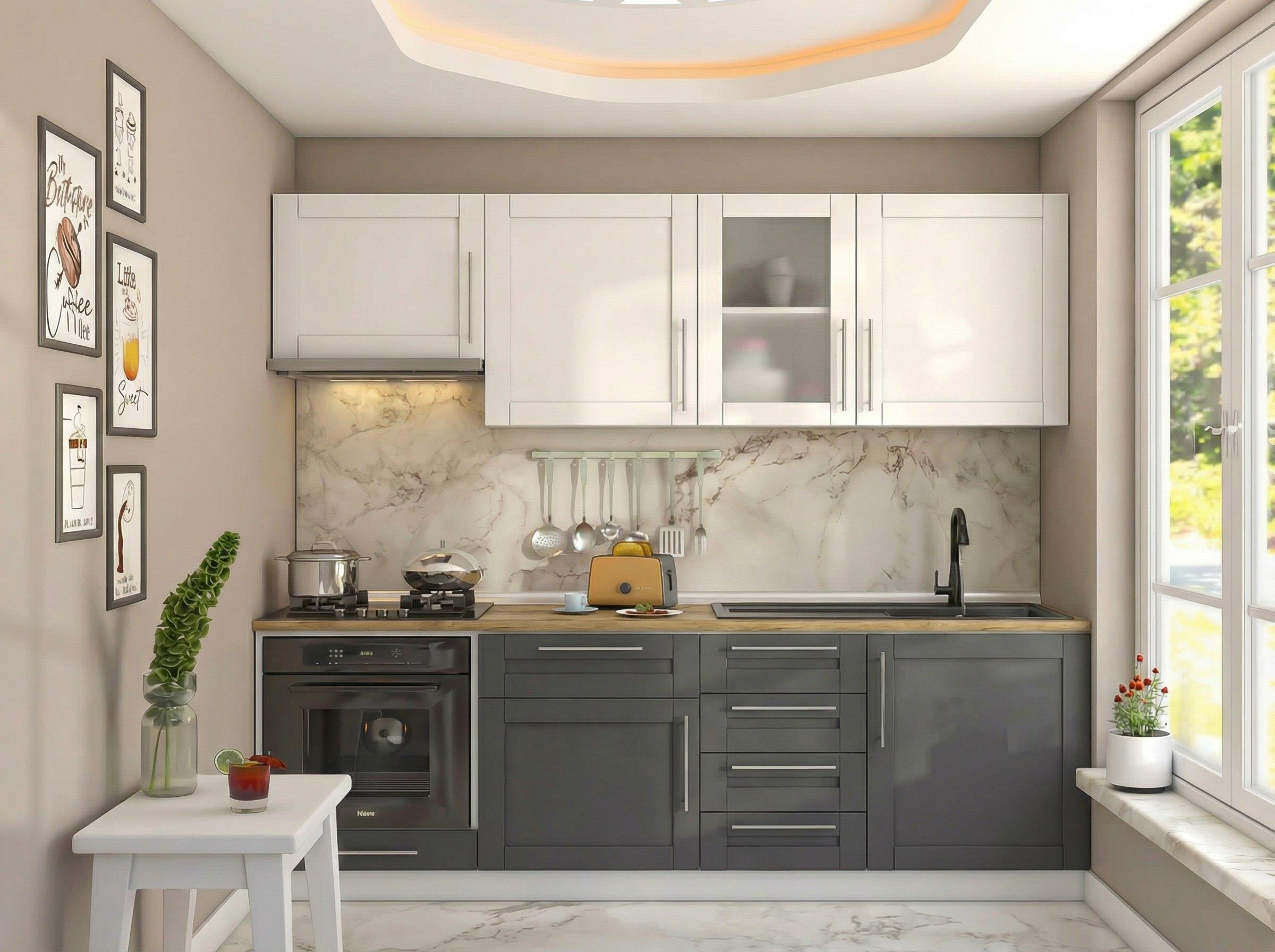 Dekorex Pia Beyaz Antrasit 225 Cm Aspiratör Ve Fırın Modüllü Meşe Tezgahlı Hazır Mutfak PBA-225asp-mt