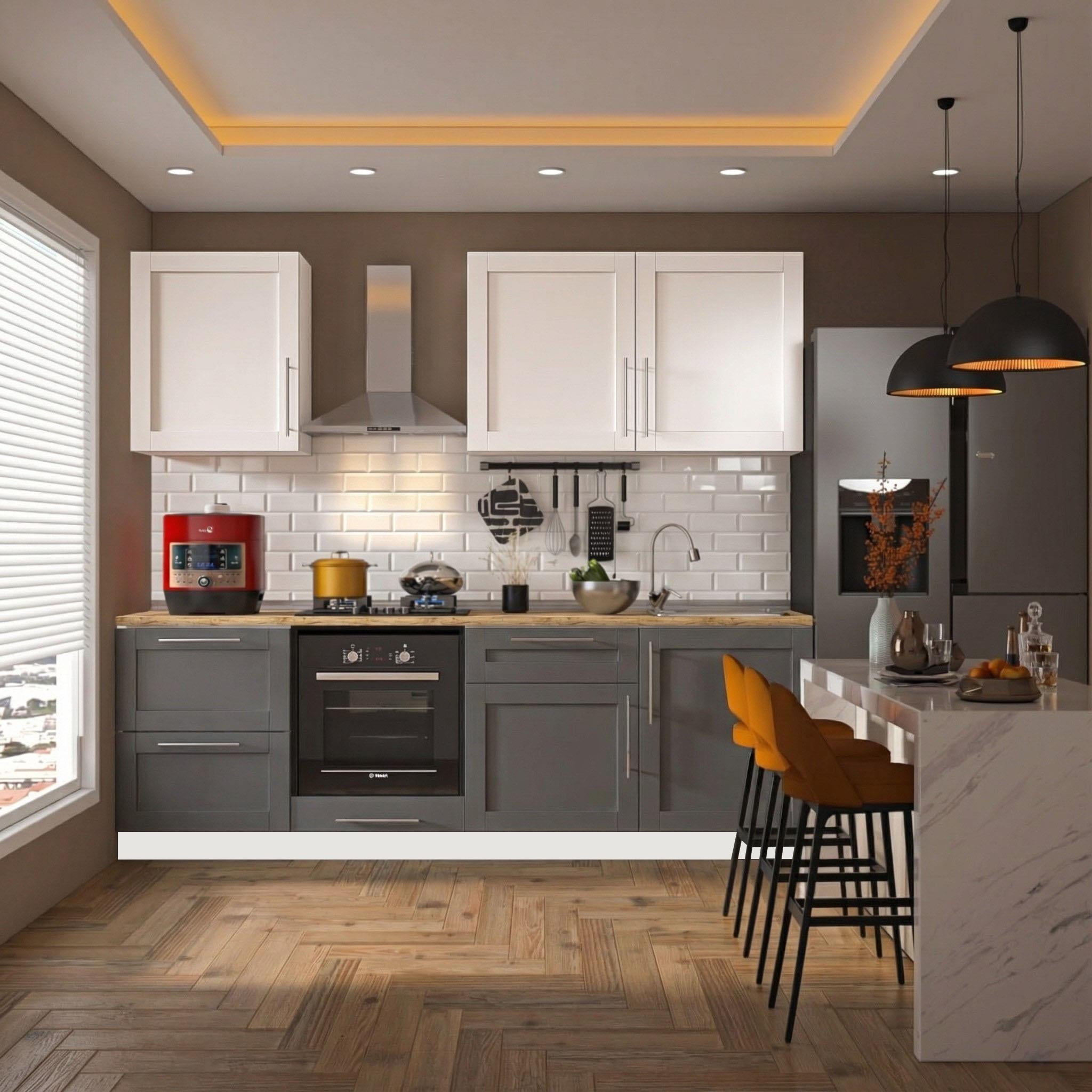 Dekorex Pia Beyaz Antrasit 240 Cm Fırın Ve Çekmece Modüllü Meşe Tezgahlı Hazır Mutfak Pba-240dav-c-mt
