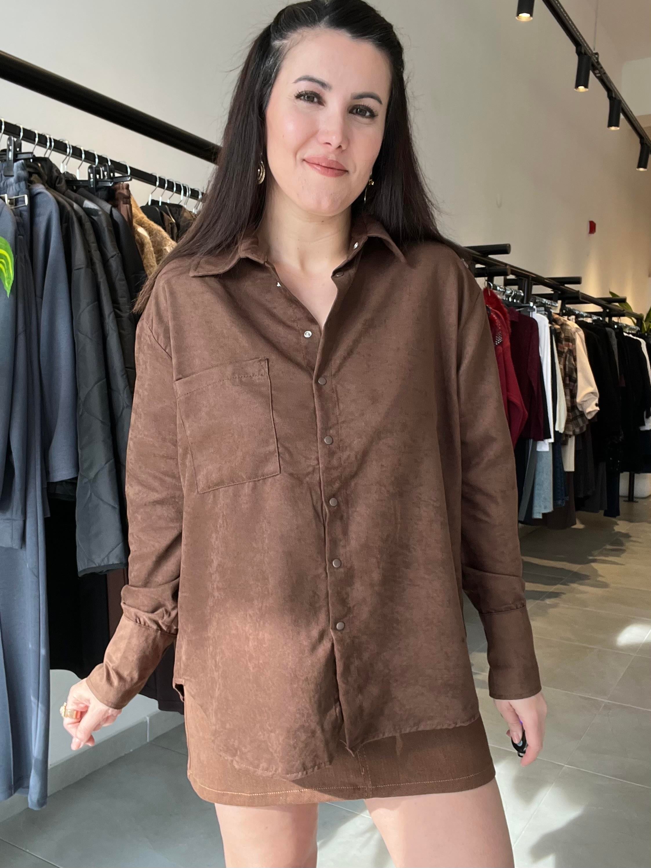 Acı Kahve Çıt Çıt Düğme Kapamalı Süet Gömlek