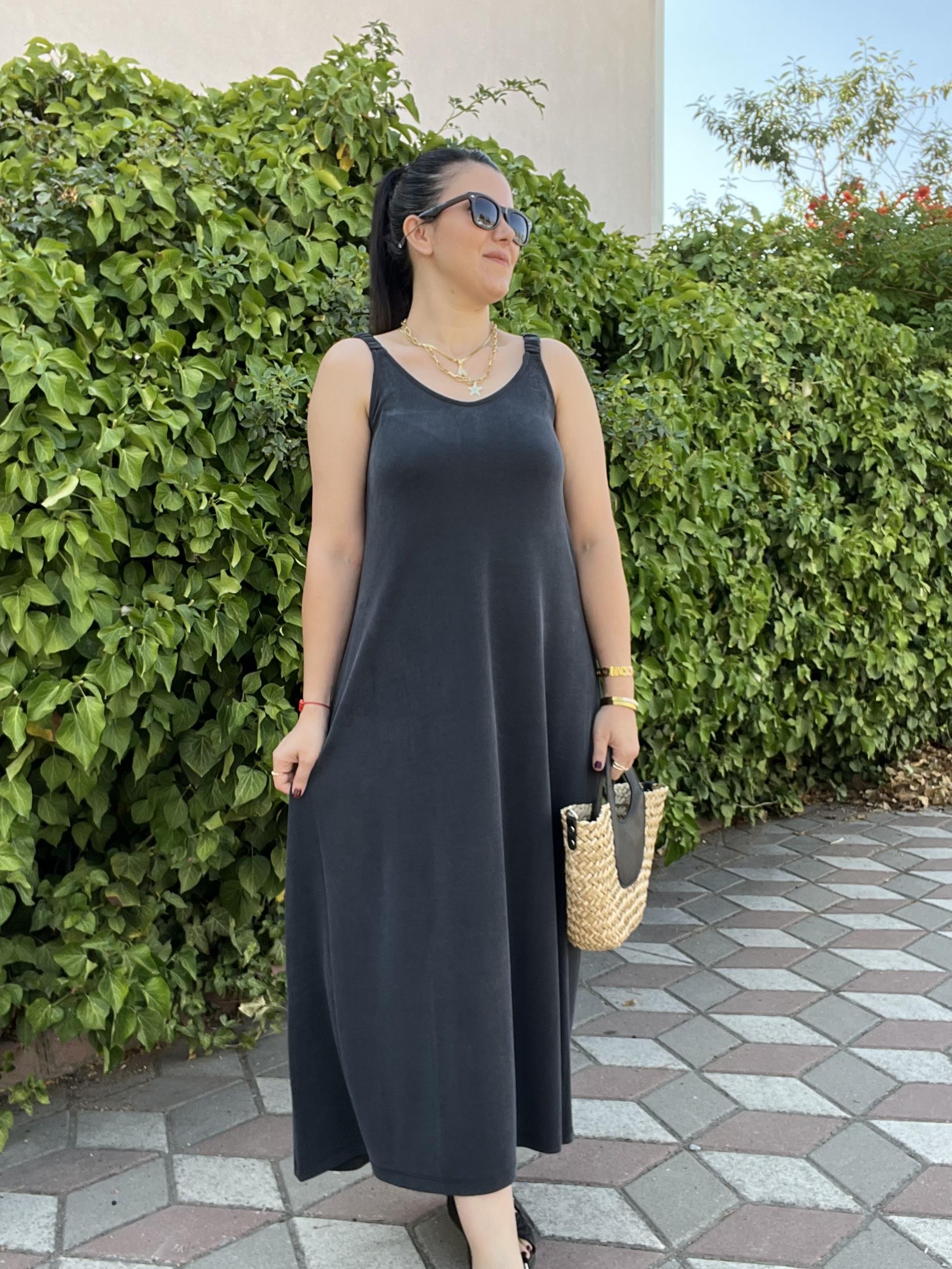 Antrasit Büzgü Askılı Marka Model Uzun Elbise