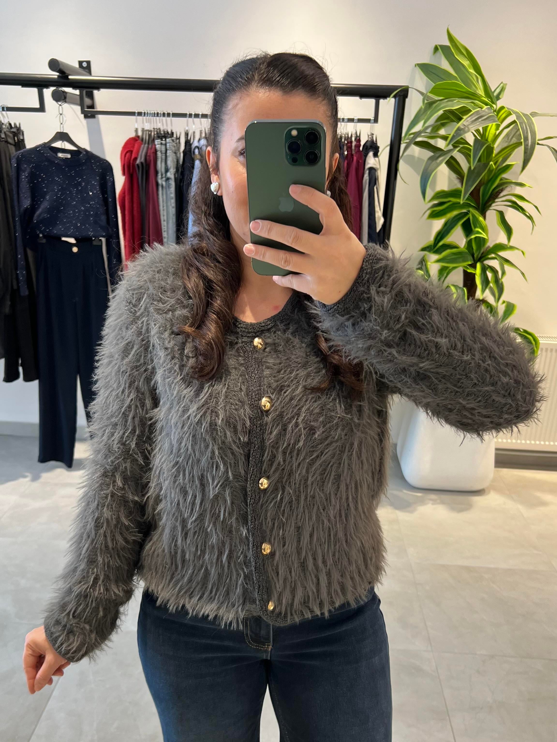 Antrasit Yumuşak Dokulu Gold Düğmeli Bisiklet Yaka Triko Hırka