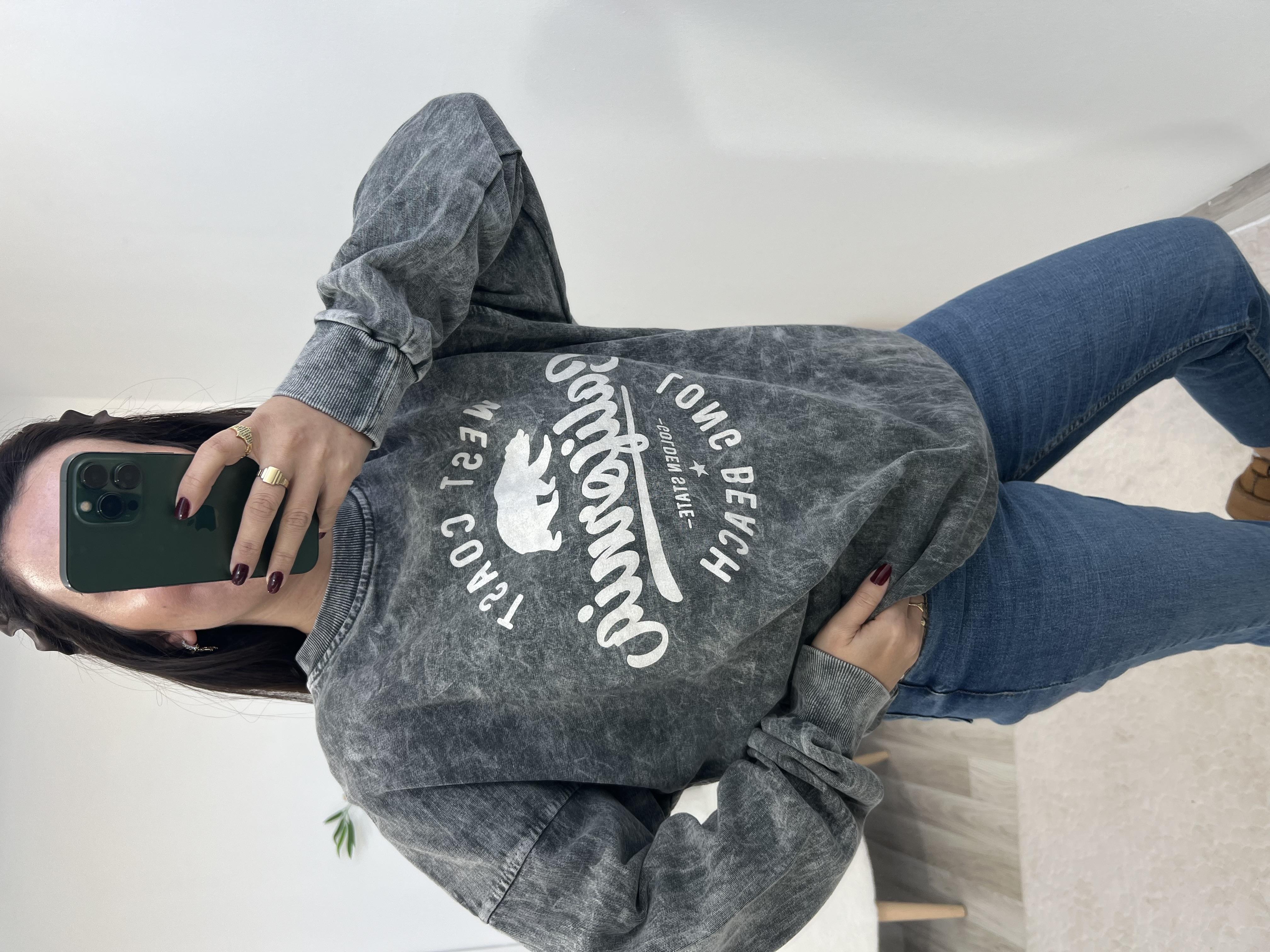 Baskılı Yıkama Efektli Sweatshirt