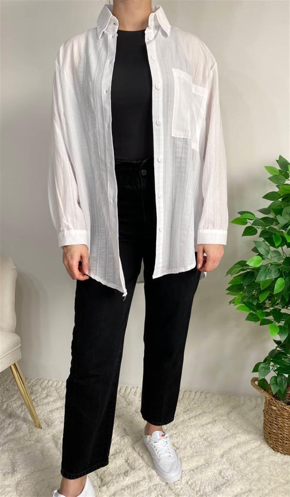 Beyaz Oversize Keten Kadın Gömlek