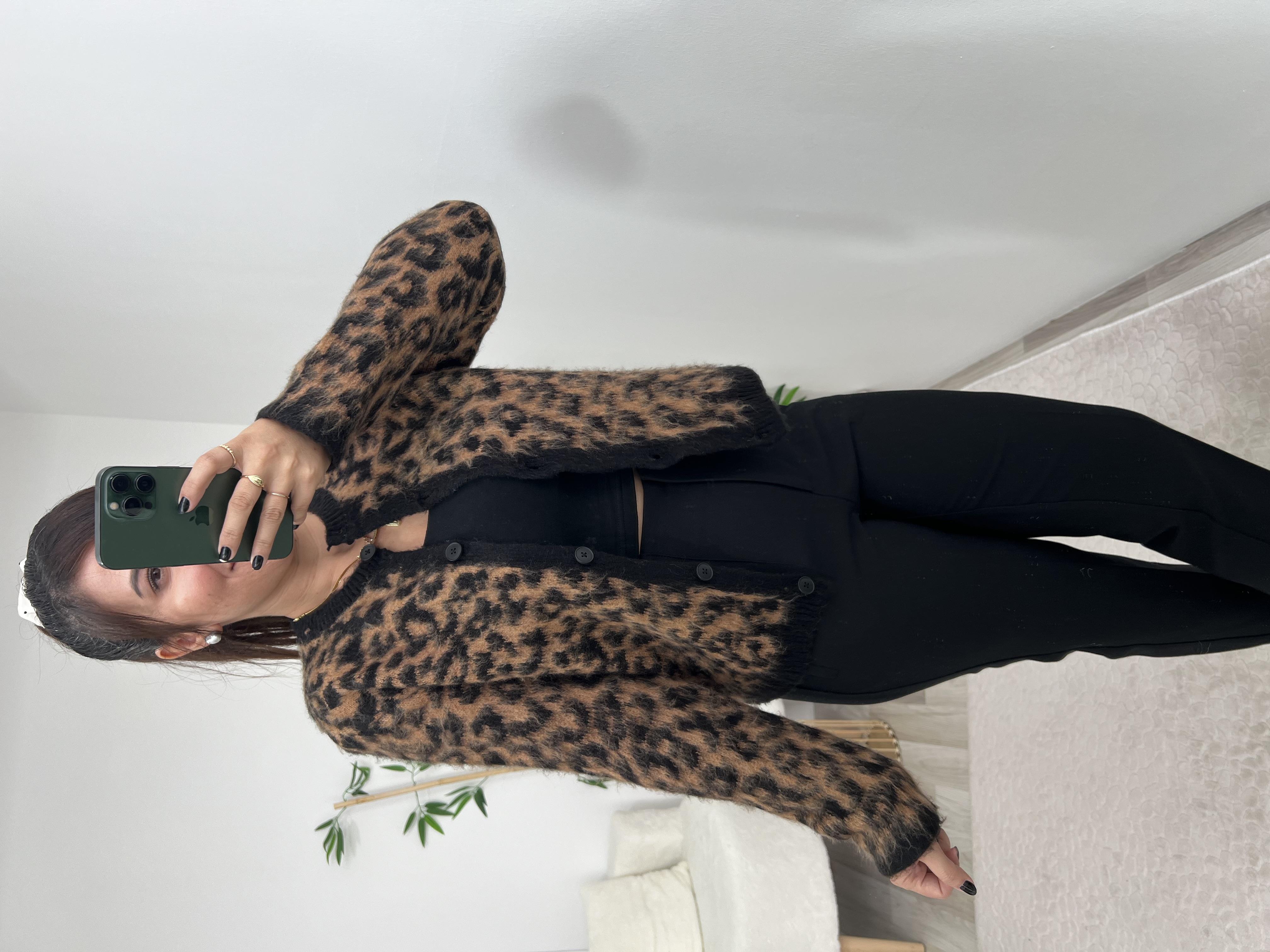 Bisiklet Yaka Leopar Desen Hırka