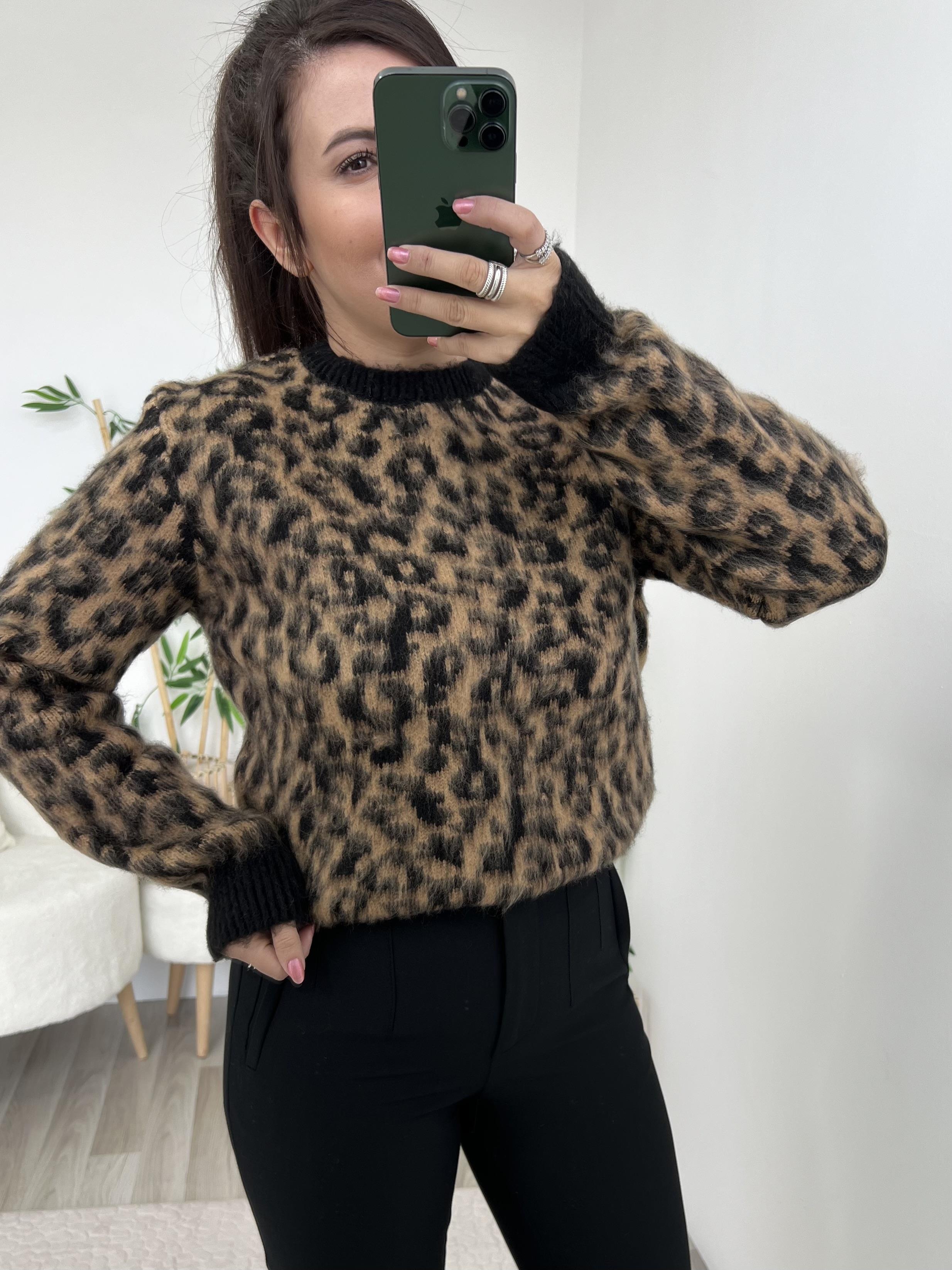 Bisiklet Yaka Leopar Desenli Kazak