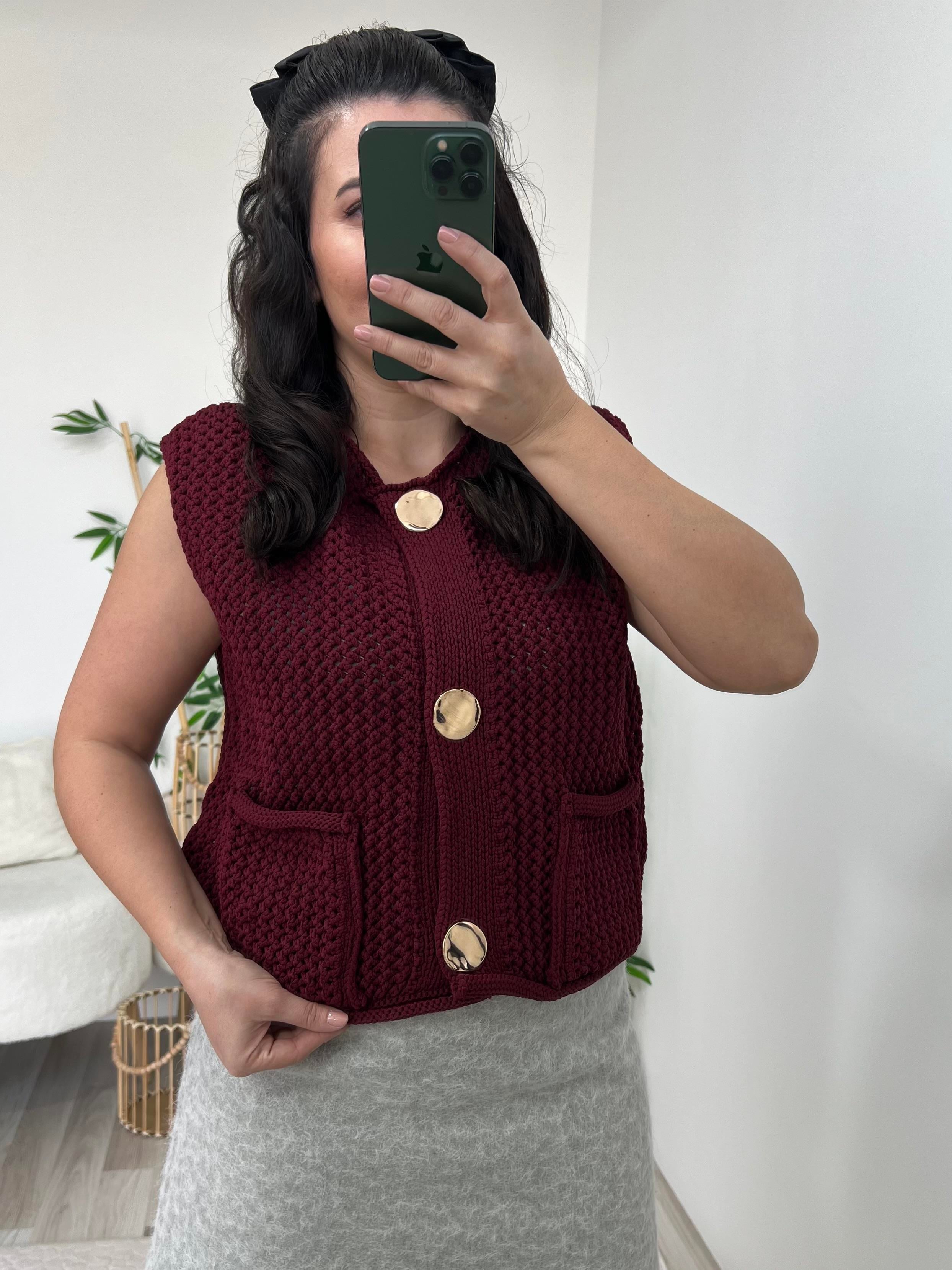 Dilvin Bordo Bisiklet Yaka Cepli Düğmeli Triko Yelek