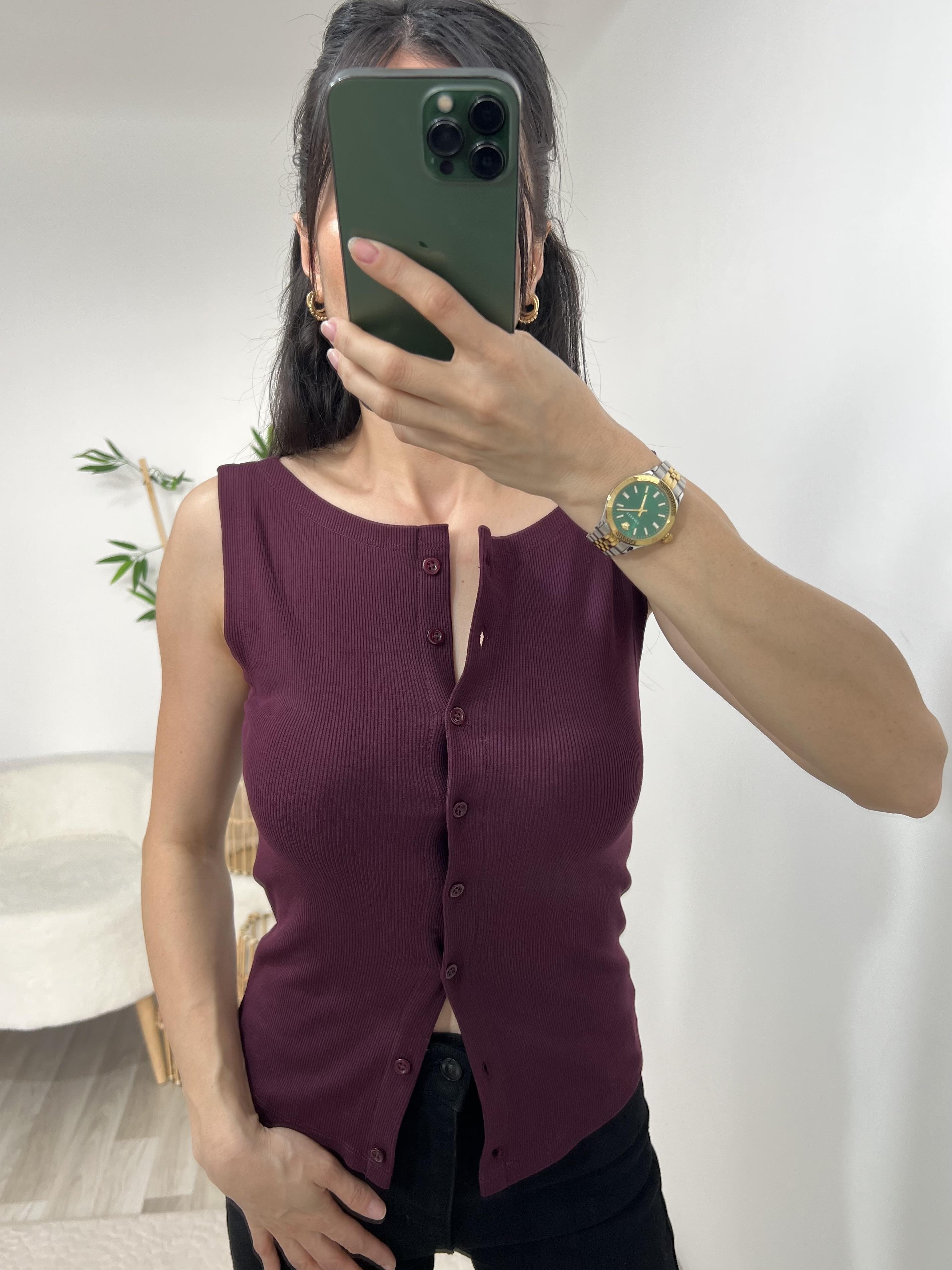 Bordo Fitilli Önü Düğme Kapamalı Bluz