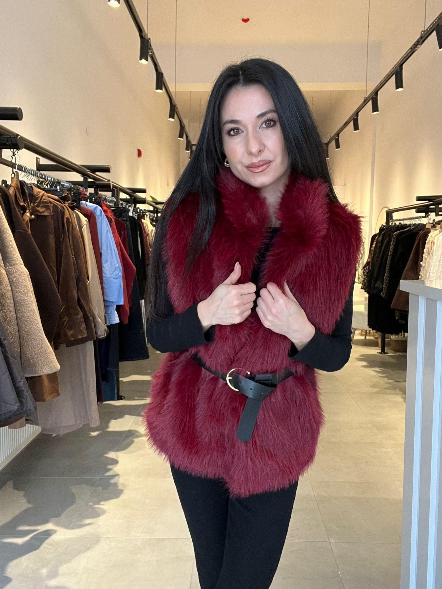 Bordo Kemer Detaylı Kürk Yelek