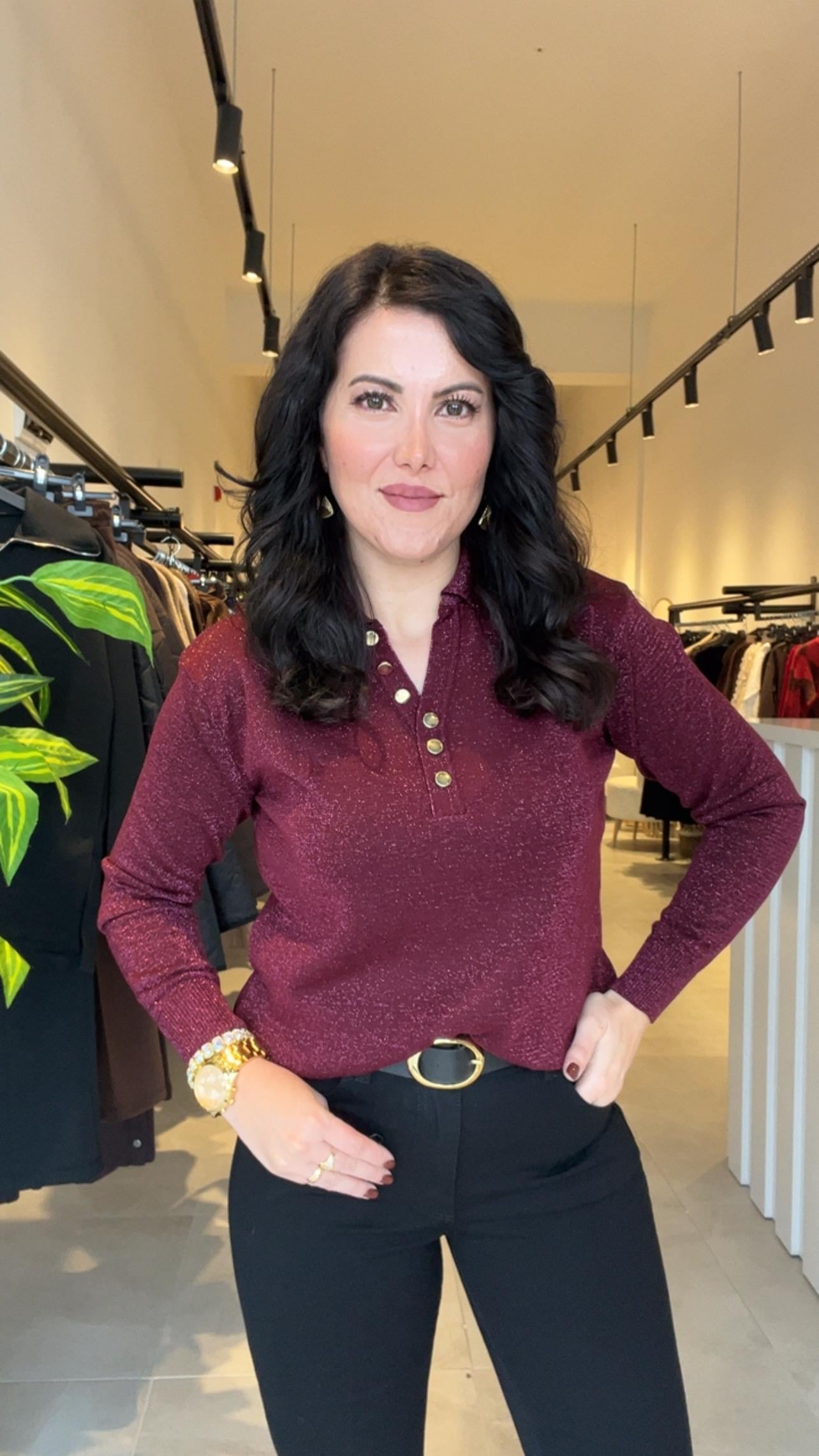 Bordo Polo Yaka Simli Gold Düğme Detaylı Triko