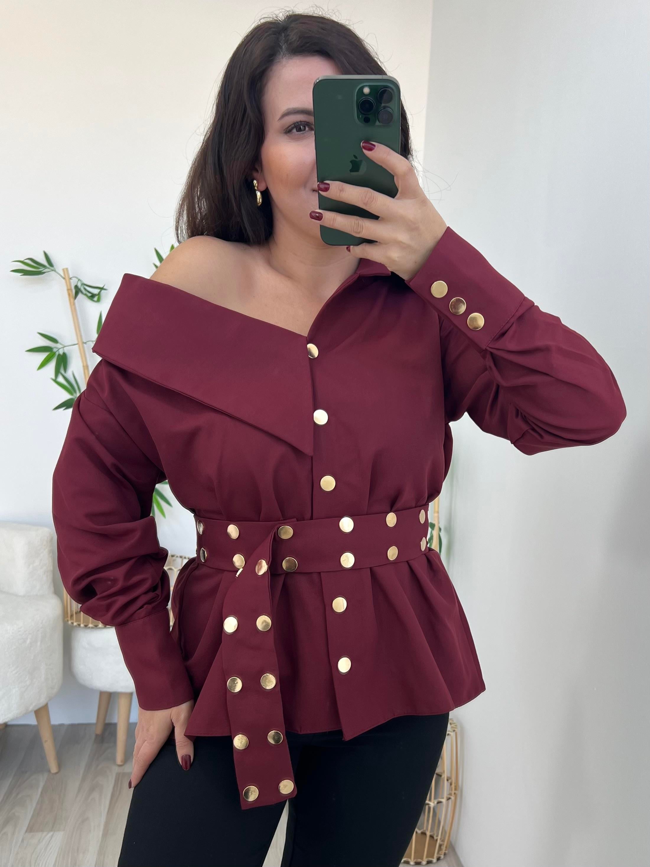 Bordo Yaka Detaylı Kemerli Gömlek