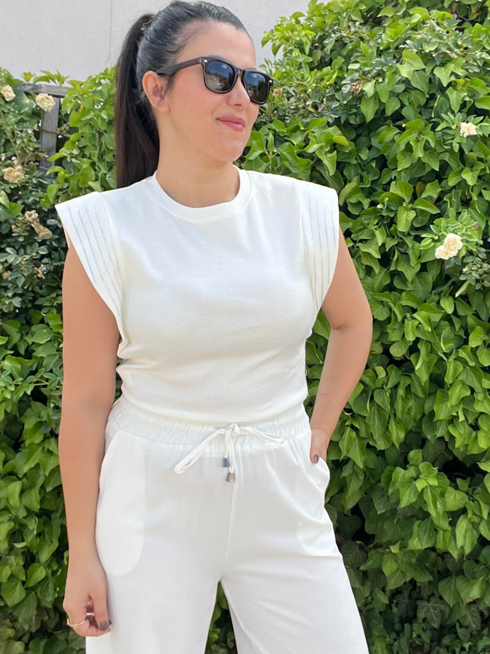 Ekru Taş İşlemeli Bluz