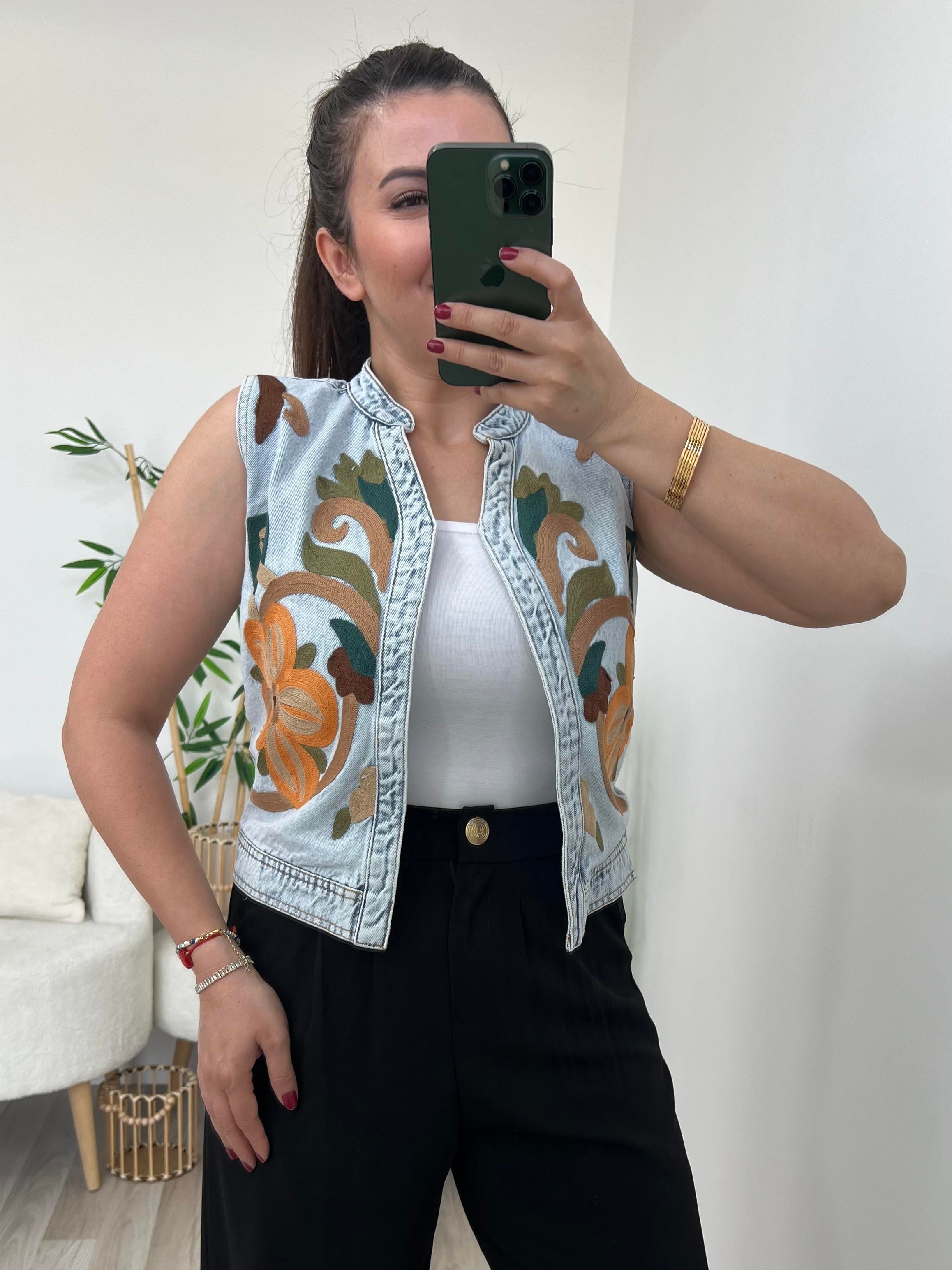 Full Nakışlı Premium Jean Yelek