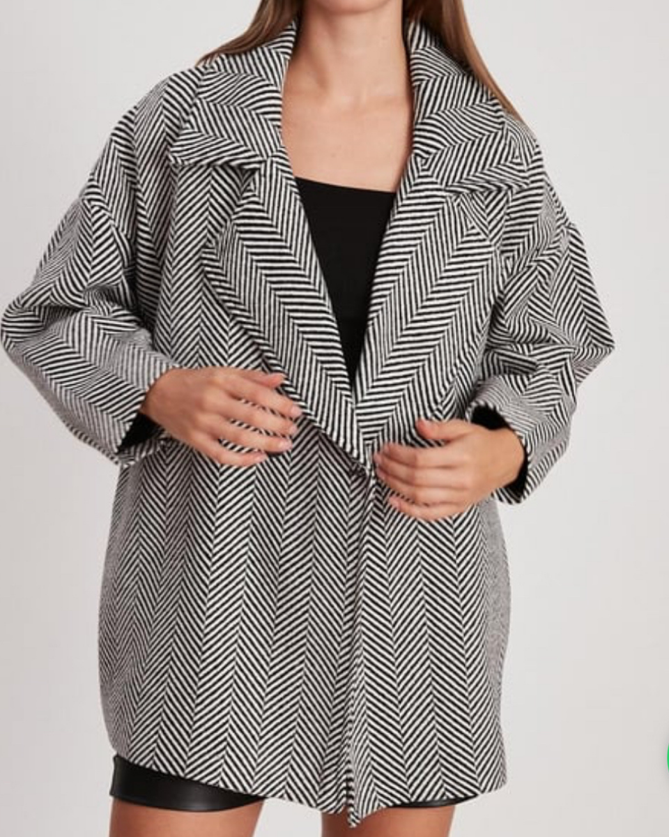 Gri Balık Sırtı Oversize Kaşe Kaban