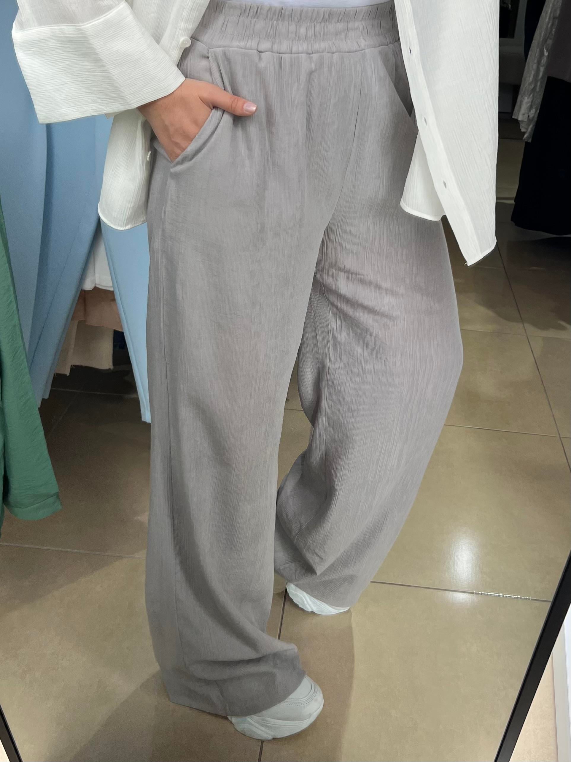 Gri Beli Lastikli Bol Pantolon