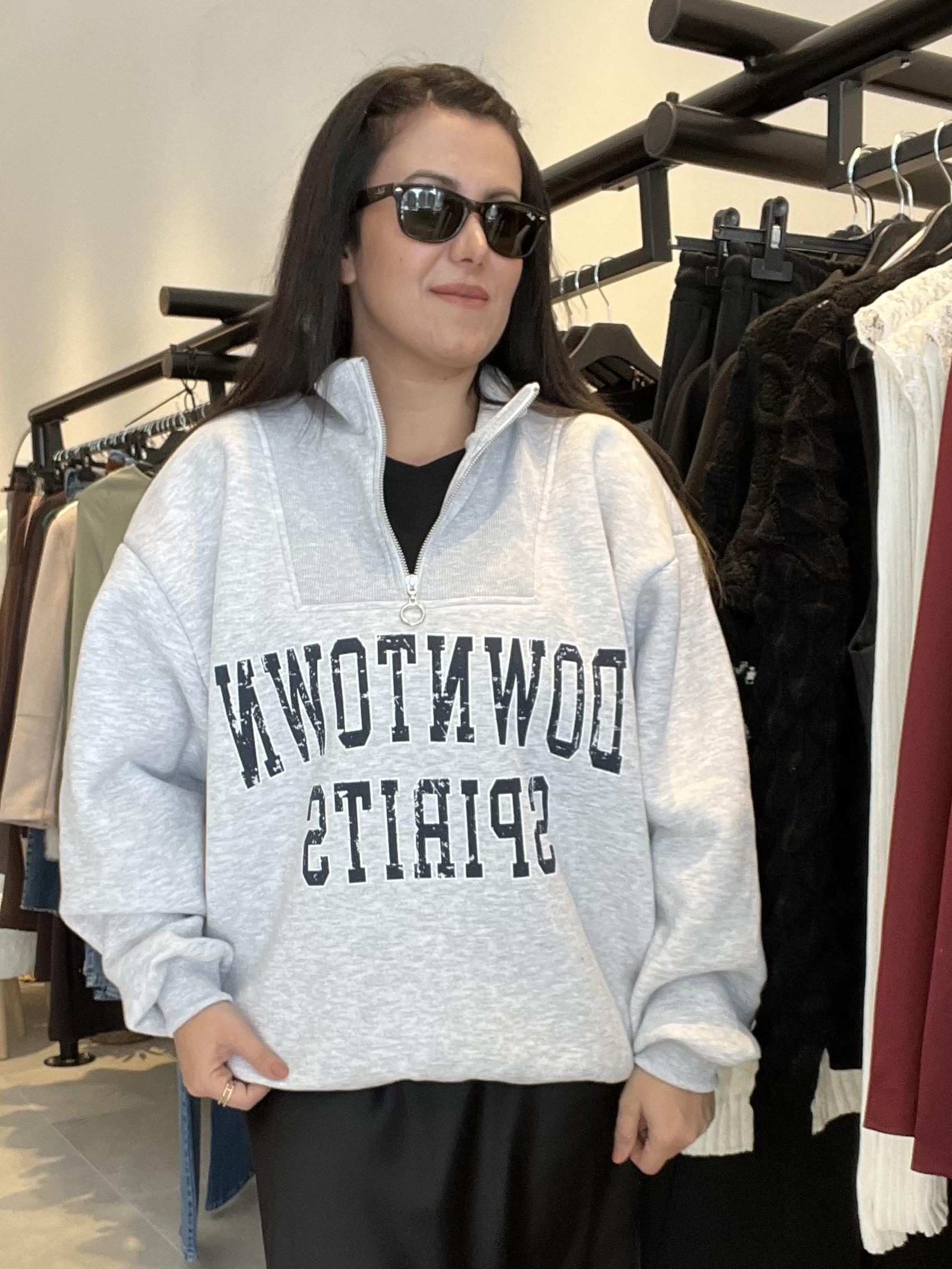 Gri ,Tişört Detaylı, Baskılı, Geniş Kesim Sweat