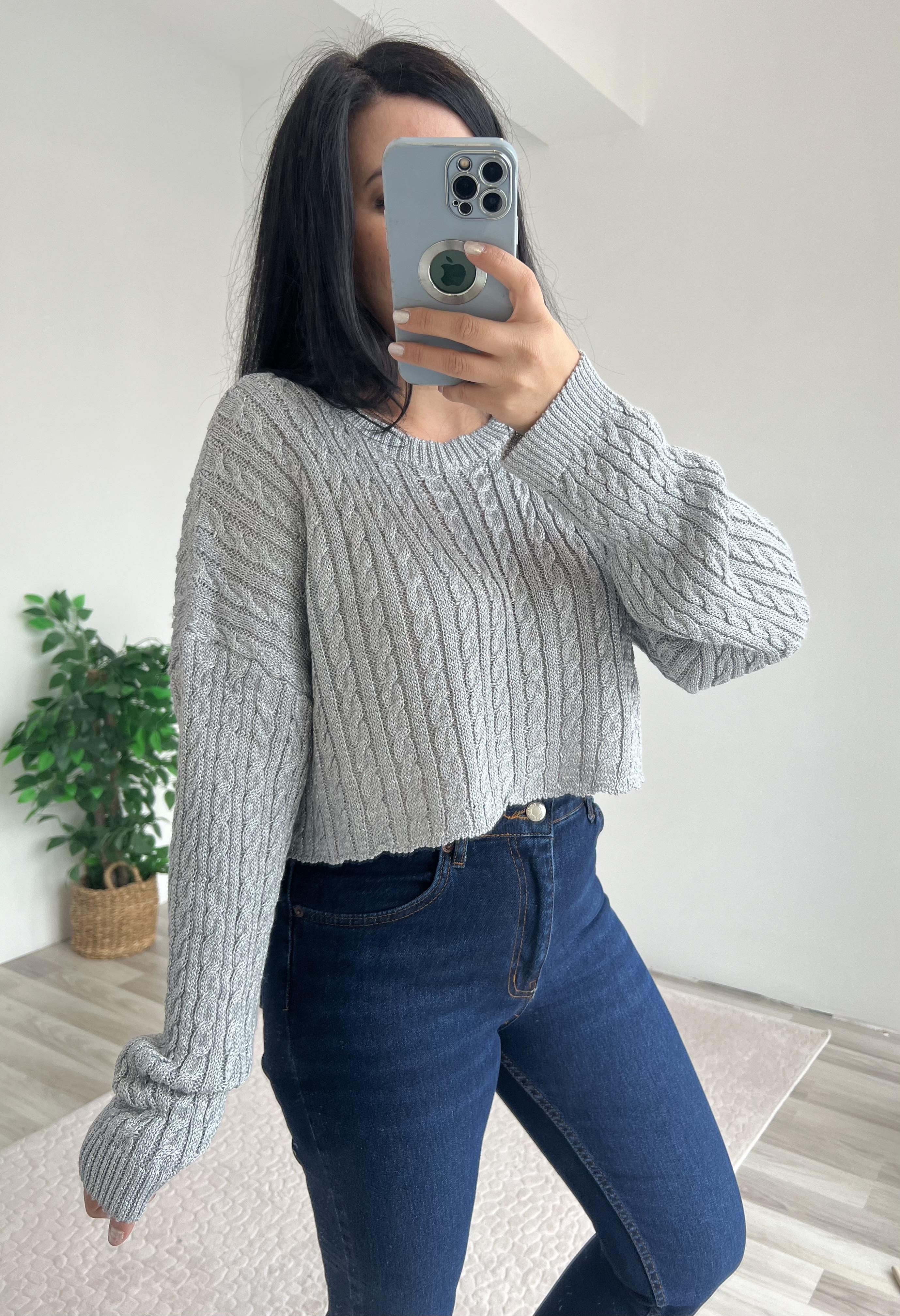 Gümüş Gri Düşük Omuz Crop Kazak