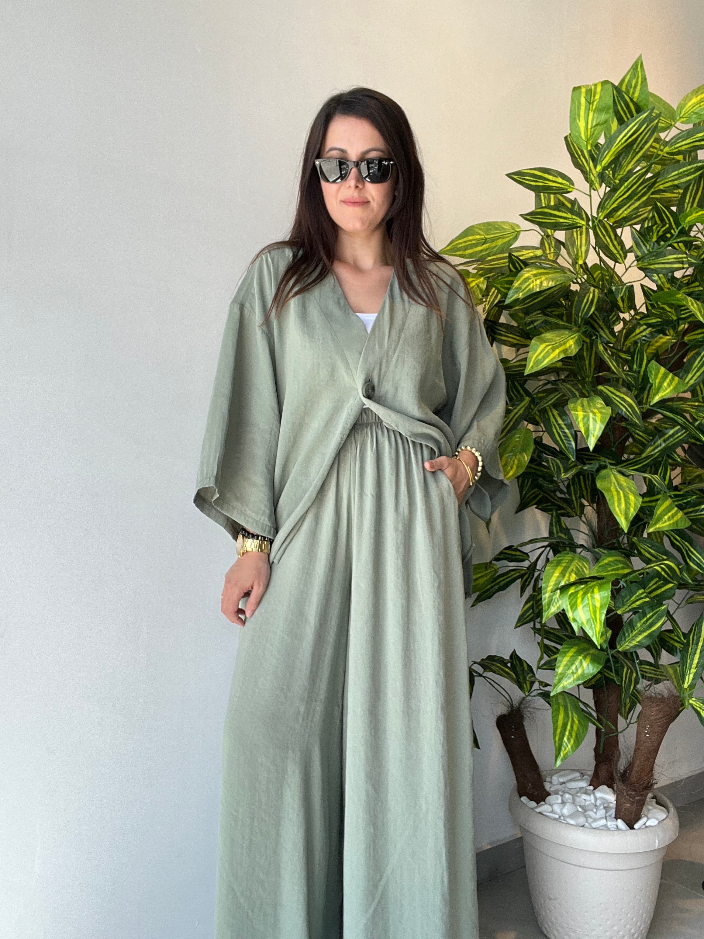 Haki Beli Lastikli Bol Pantolon