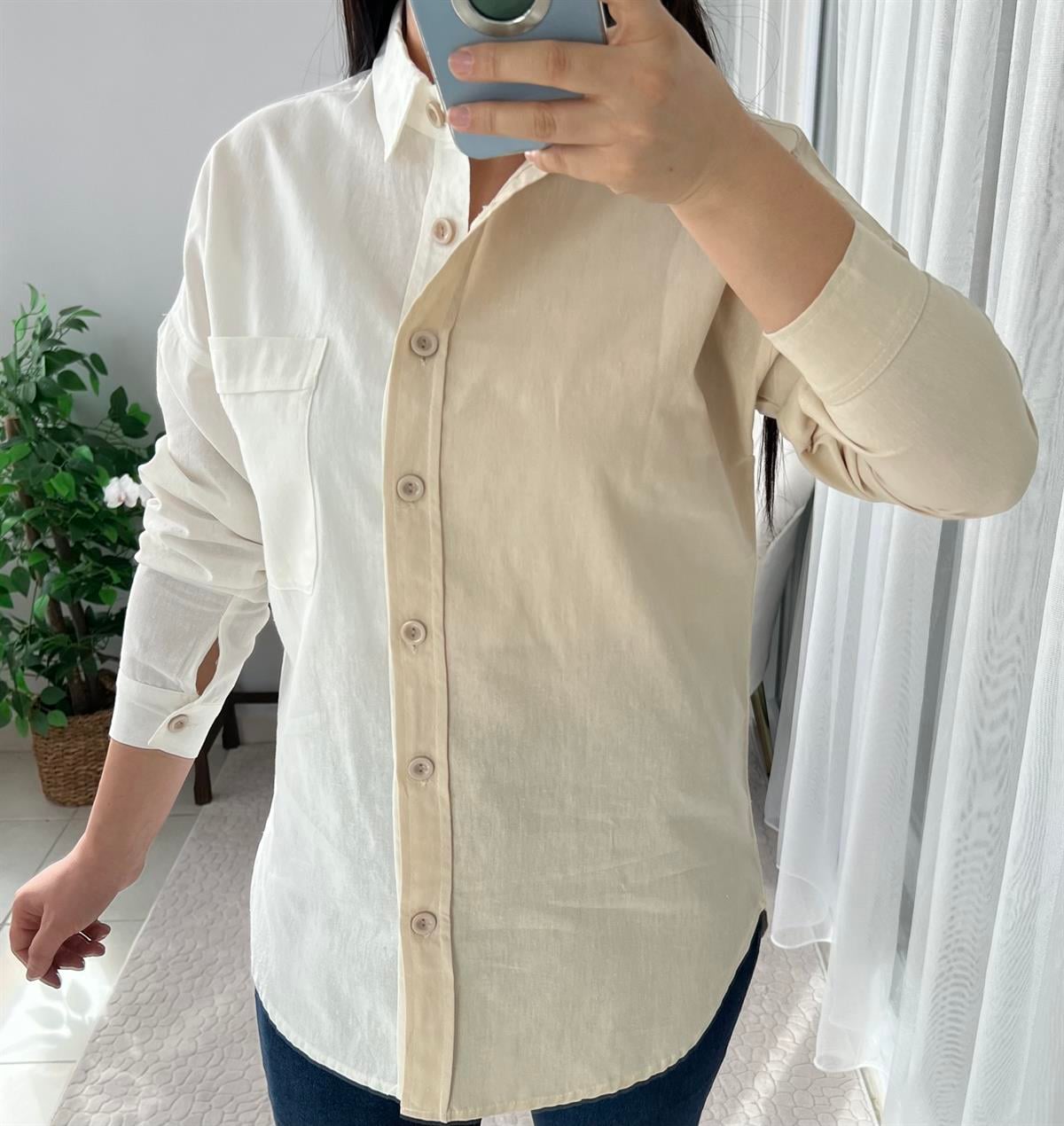 Kadın Keten Çift Renkli Gömlek