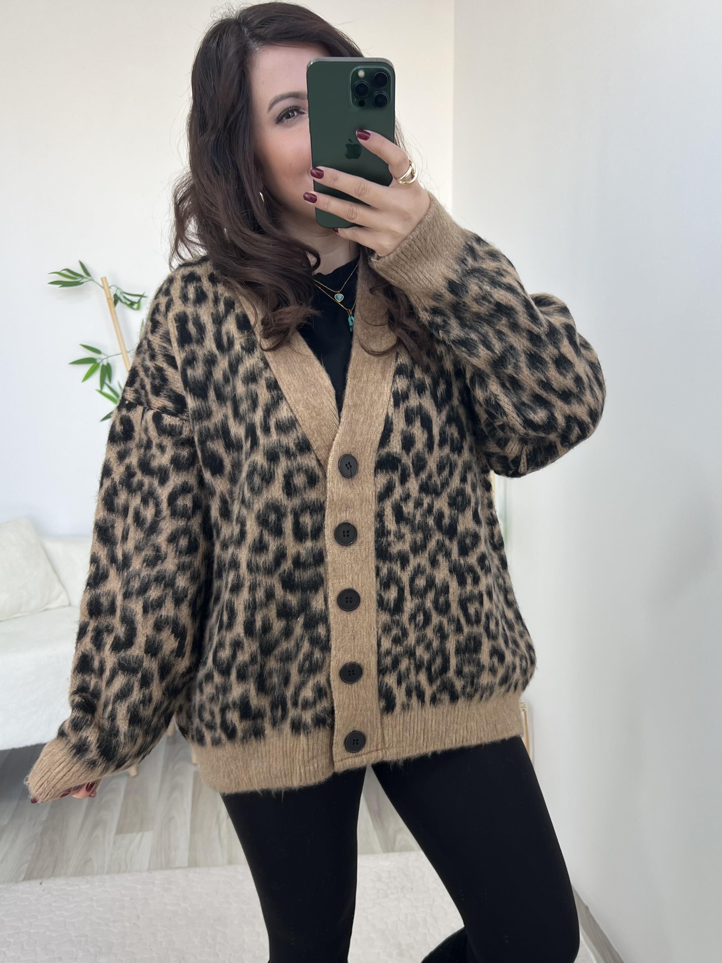 Kahve Leopar Desenli Yumuşak Dokulu Hırka