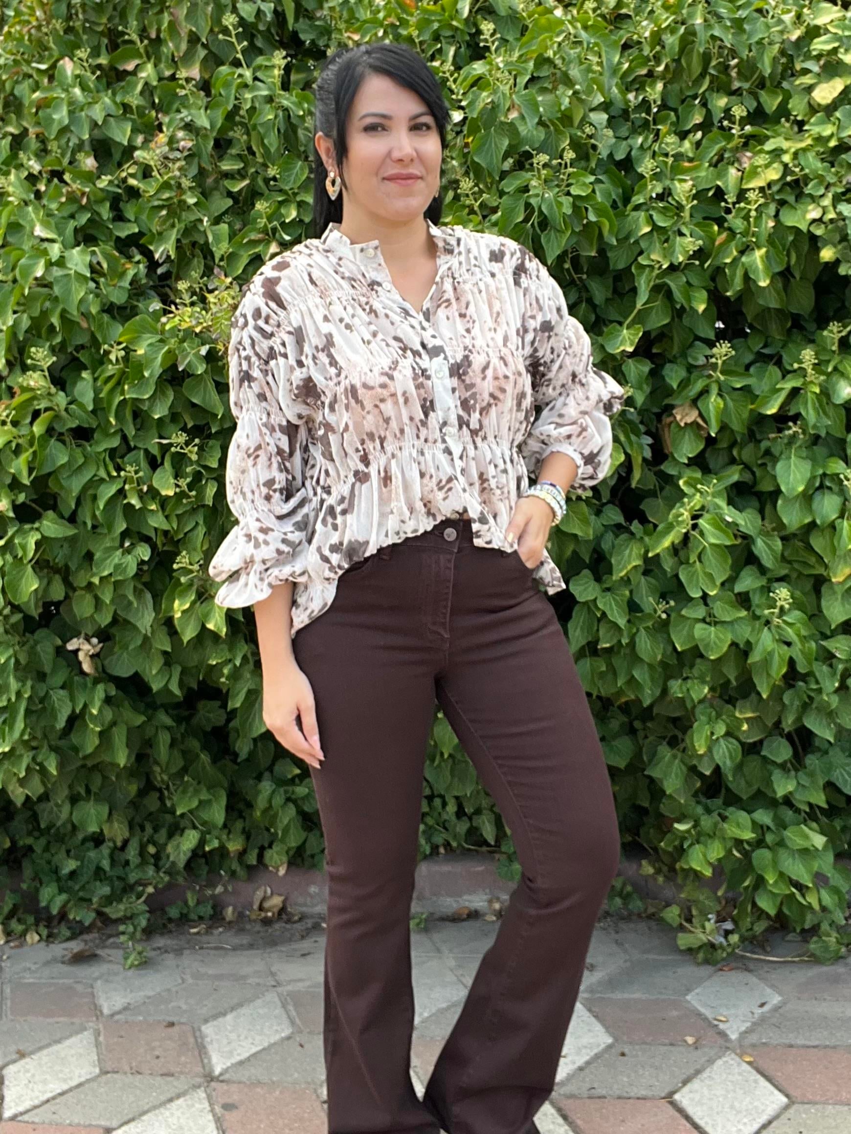 Kahverengi İspanyol Paça Likralı Jean Pantolon