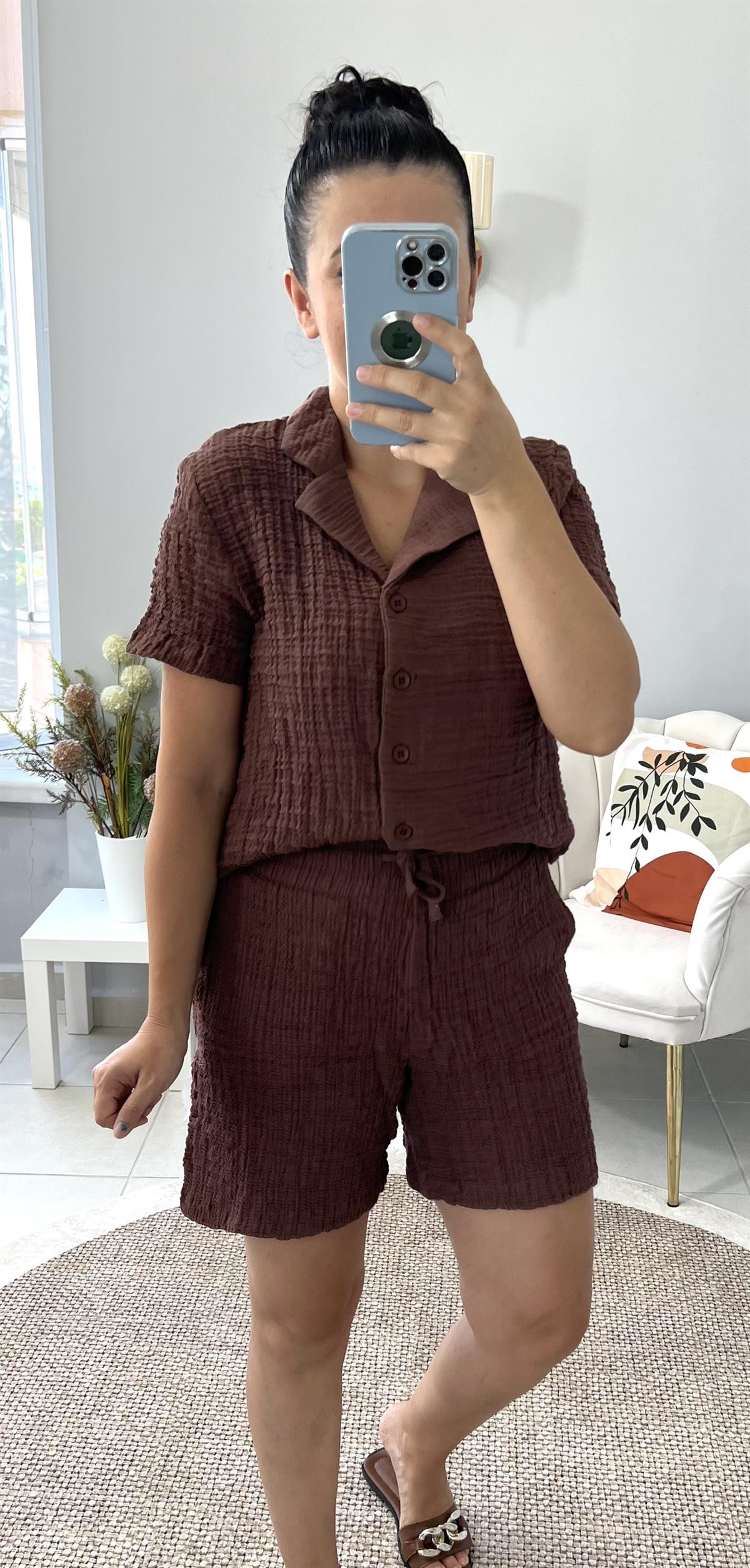 Kahverengi Müslin Şortu Takım