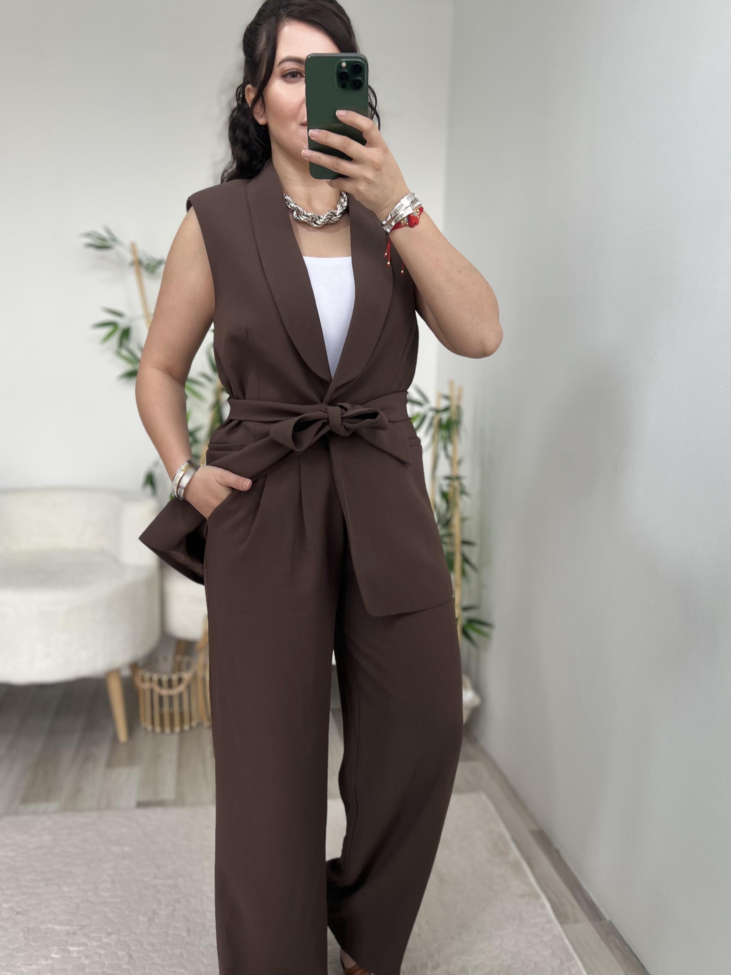Kahverengi Yelek Pantolon İkili Premium Takım
