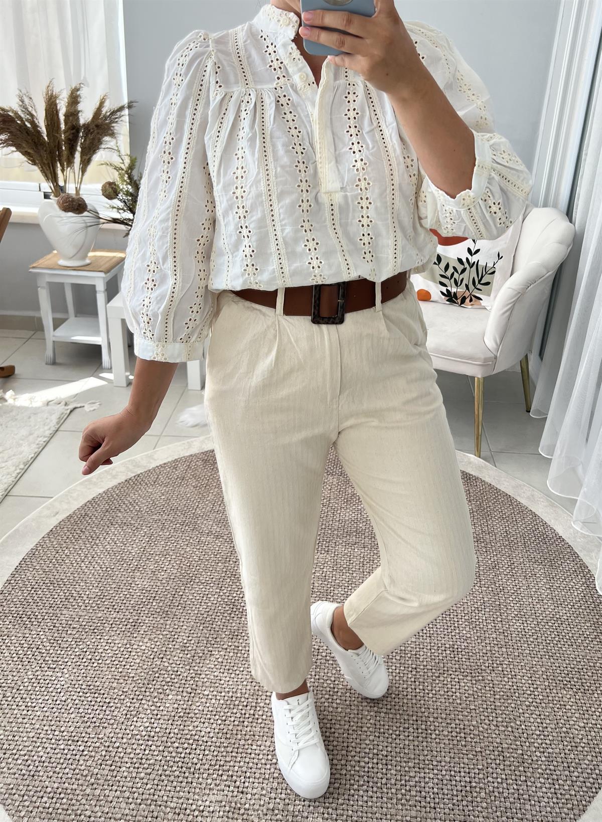 Kemerli Krem Keten Pantolon 