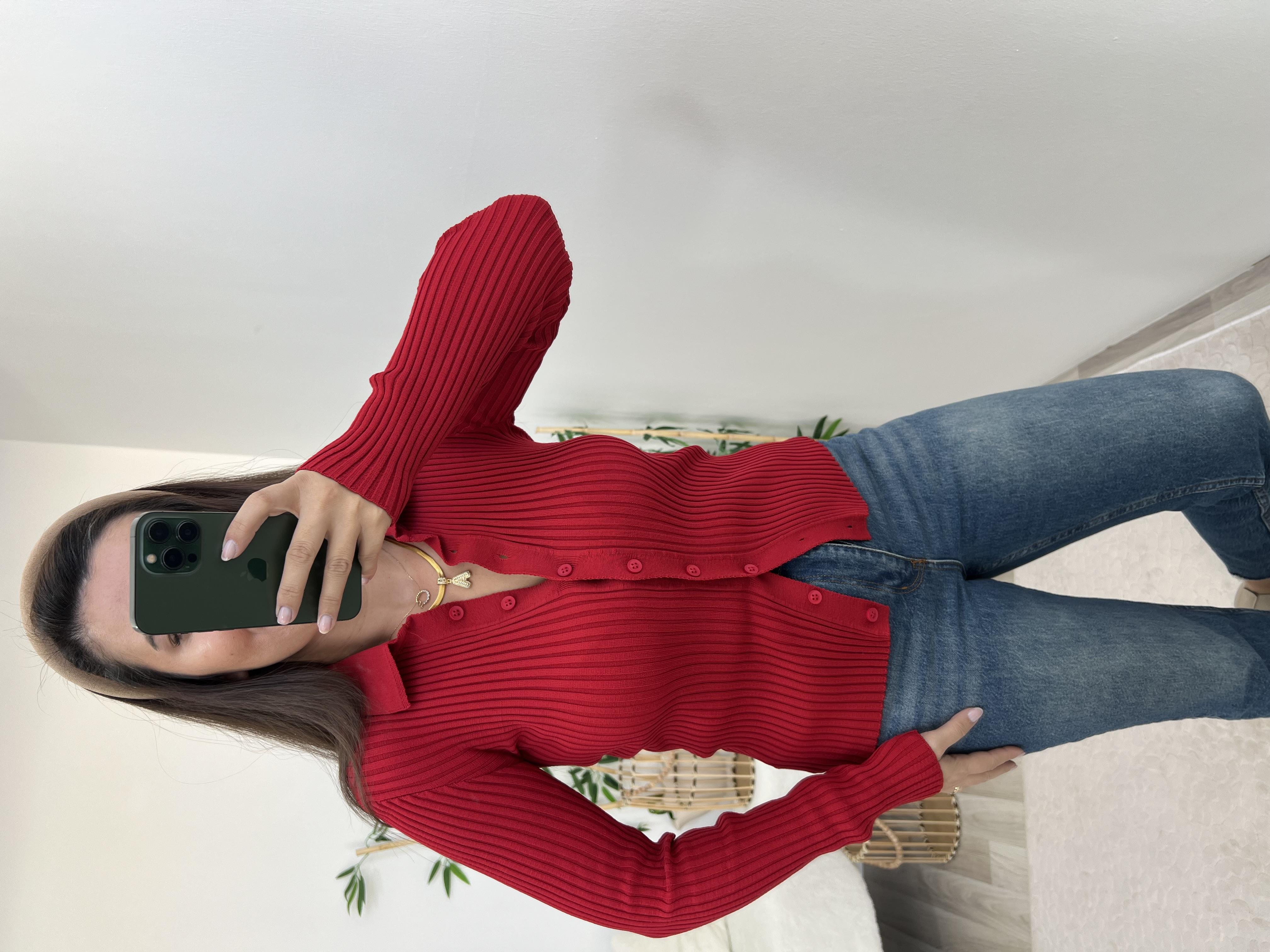 Kırmızı Polo Yaka Hırka