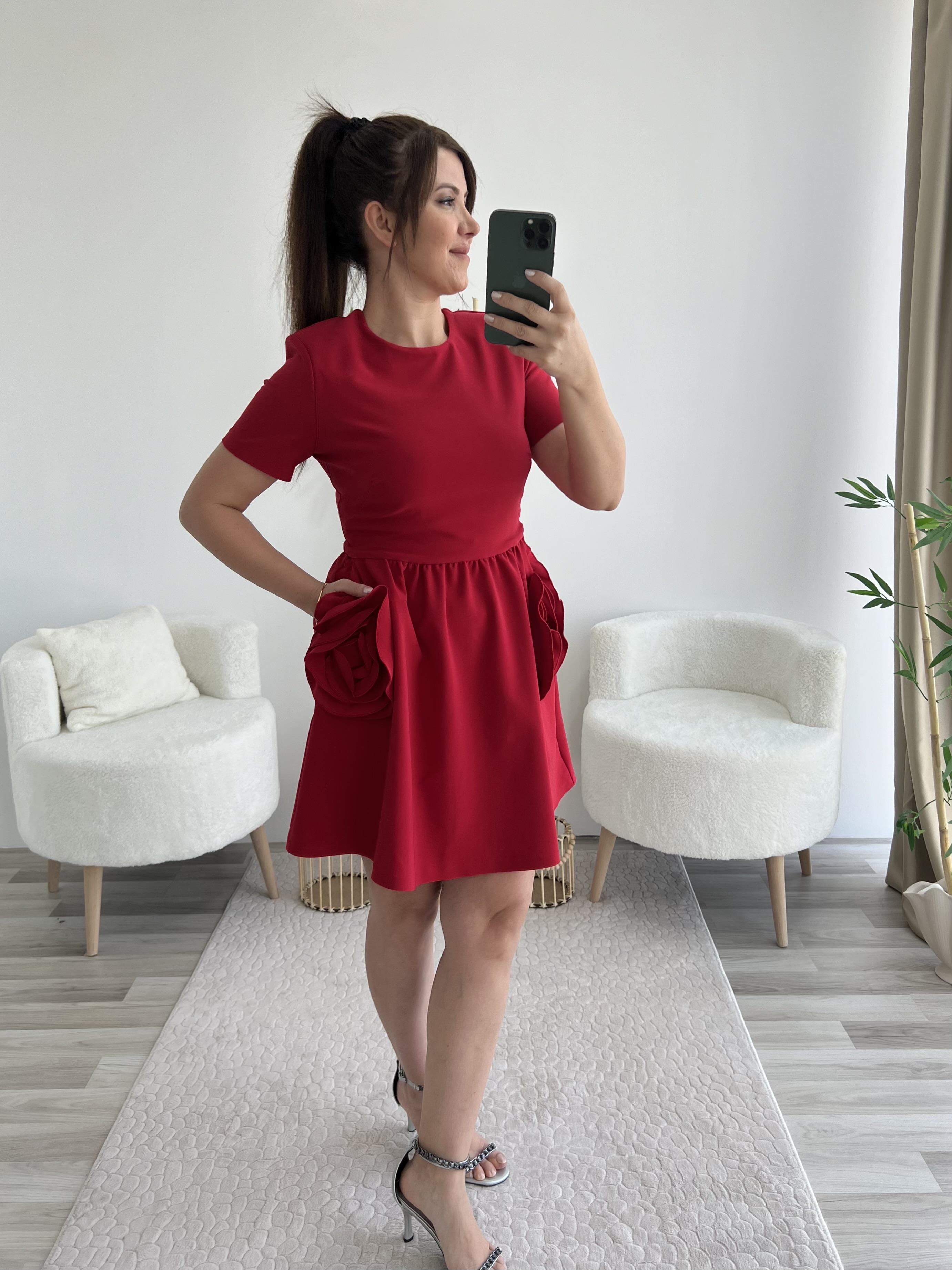 KIRMIZI ROSE CEPLİ ELBİSE