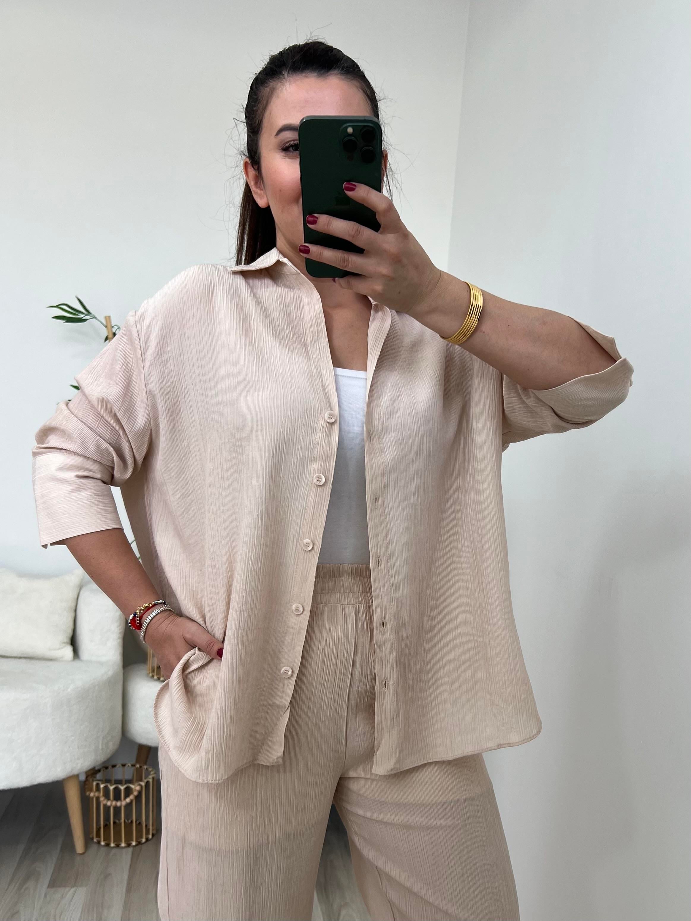 Krem Bermuda Kol Salaş Gömlek