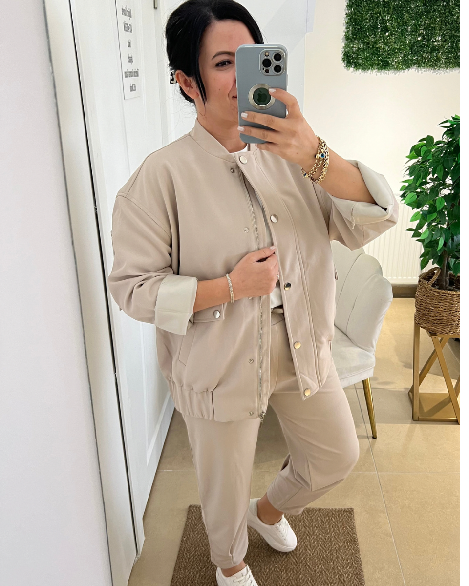 Krem Bomber Ceket Pantolon Takım