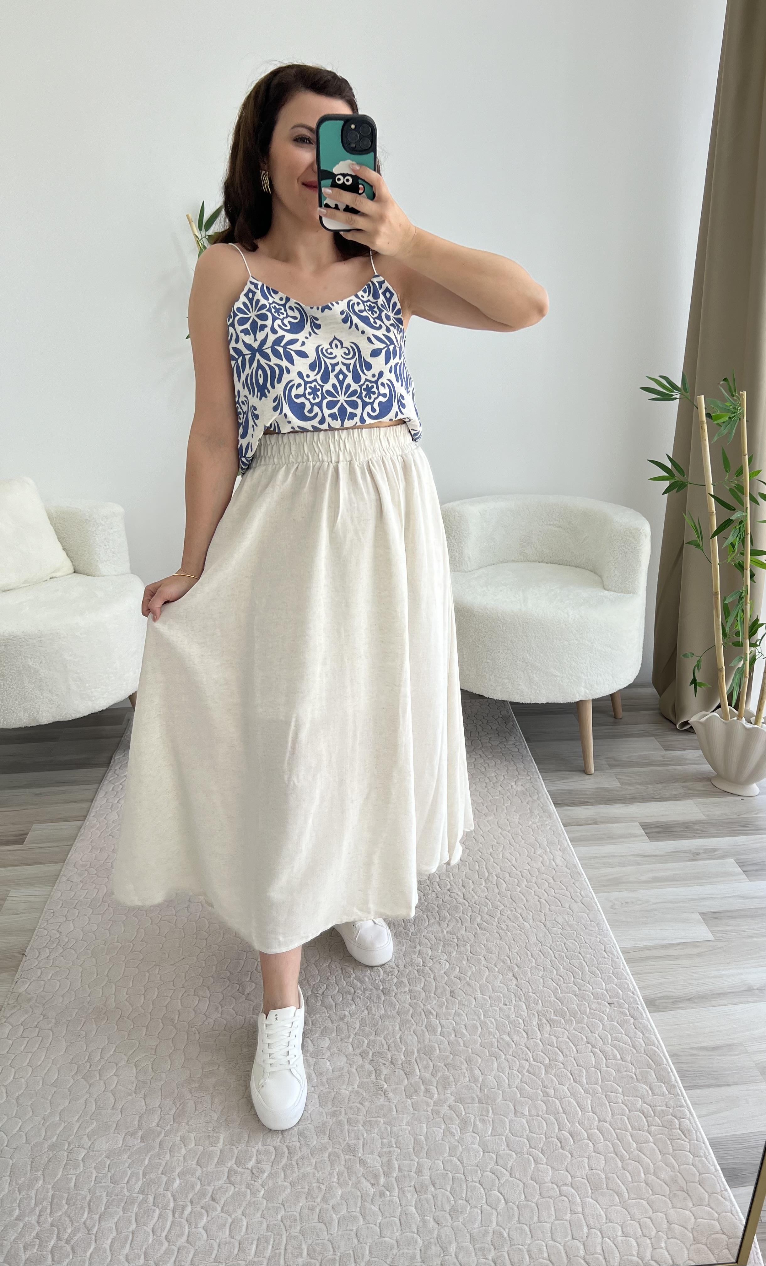 KREM KETEN CEPLİ ETEK