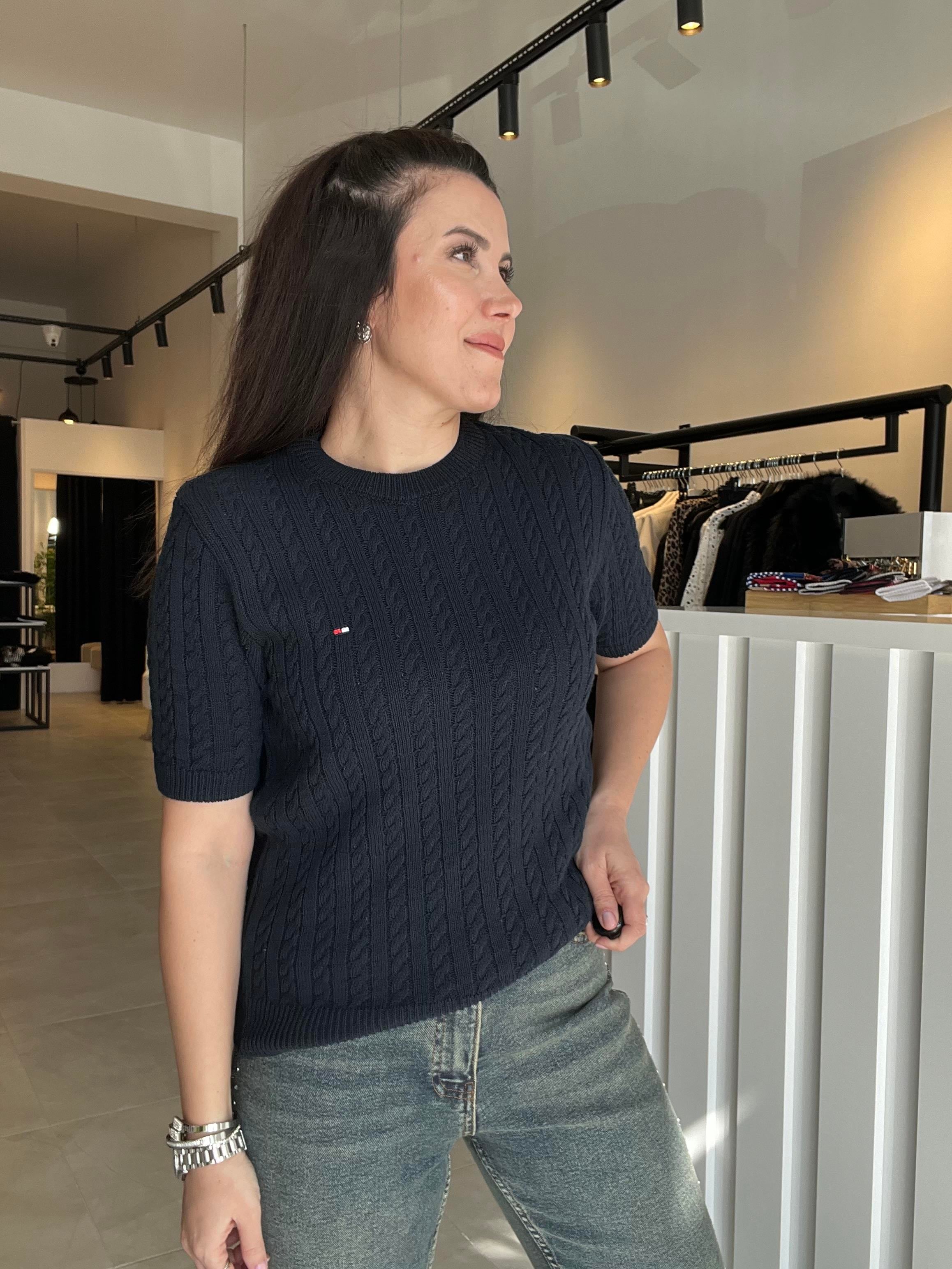 Lacivert Bisiklet Yaka Yarım Kol Triko Bluz