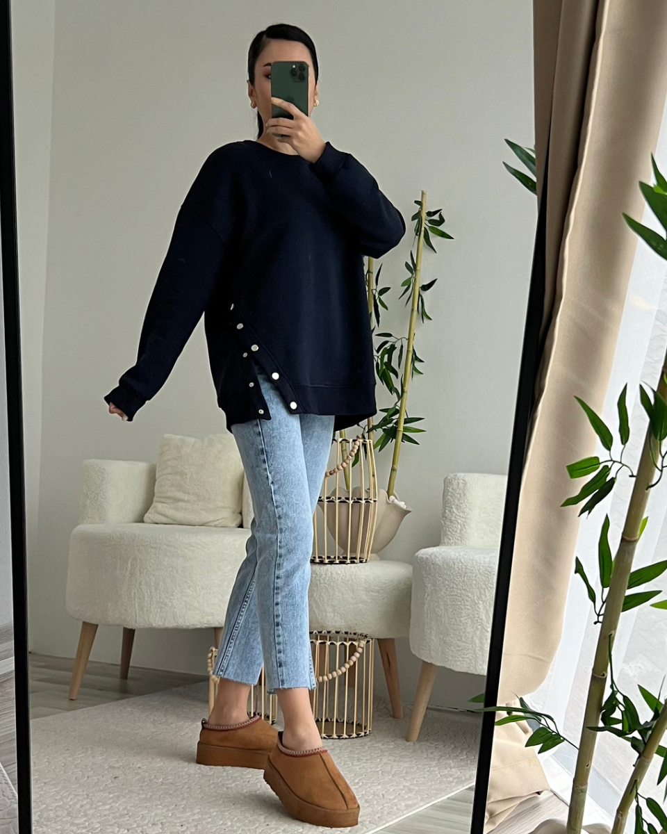 LACİVERT ÇIT ÇIT DETAYLI OVERSİZE SWEAT