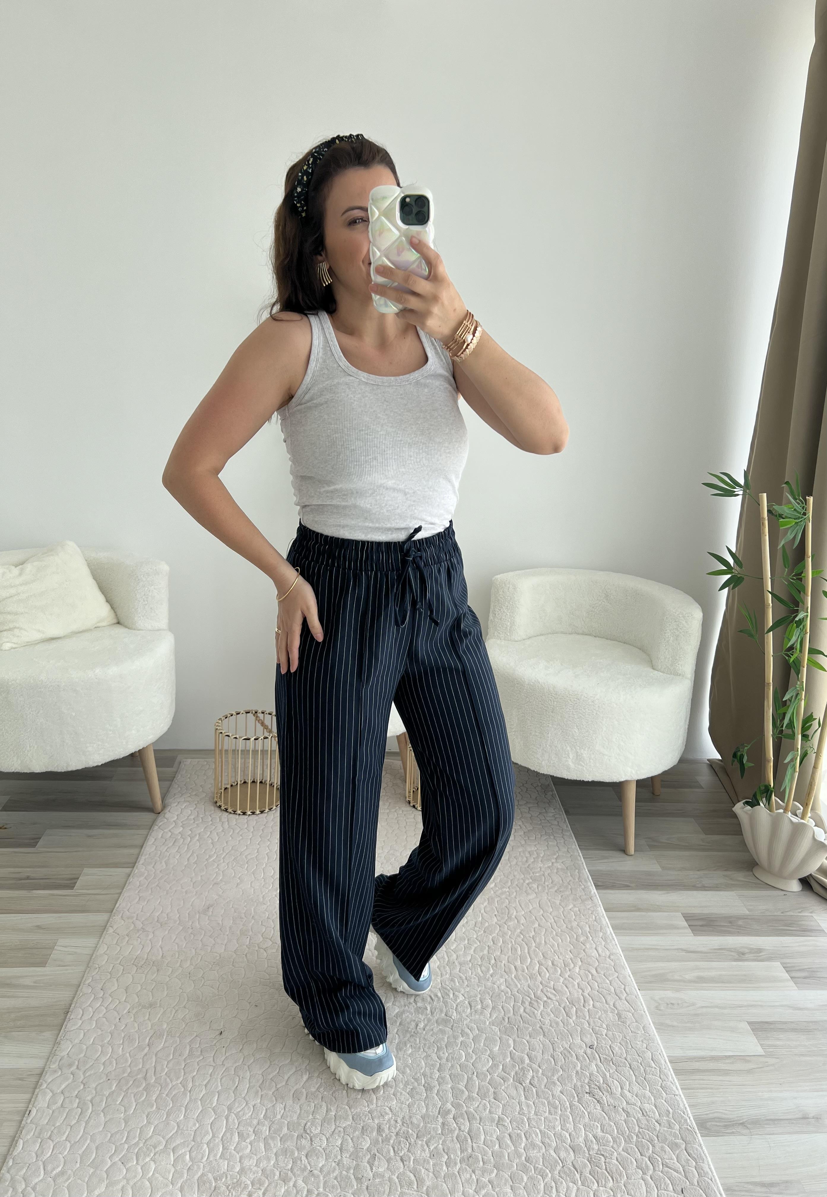 Lacivert Çizgili Kumaş Pantolon 